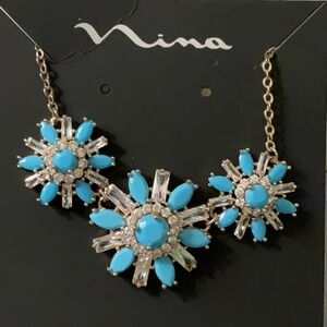 Nina Geo Necklace Floral CZ Turquoise Blue Silver Tone
